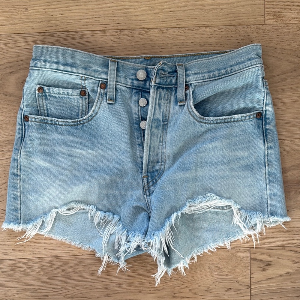 Light Blue Denim Cutoff Shorts - Casual Frayed Hem